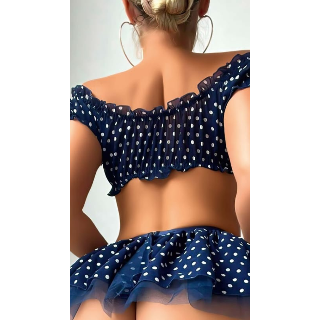 Amorevelle® Fırfırlı Puantiyeli Büstiyerli Lacivert Fantezi Kostümü