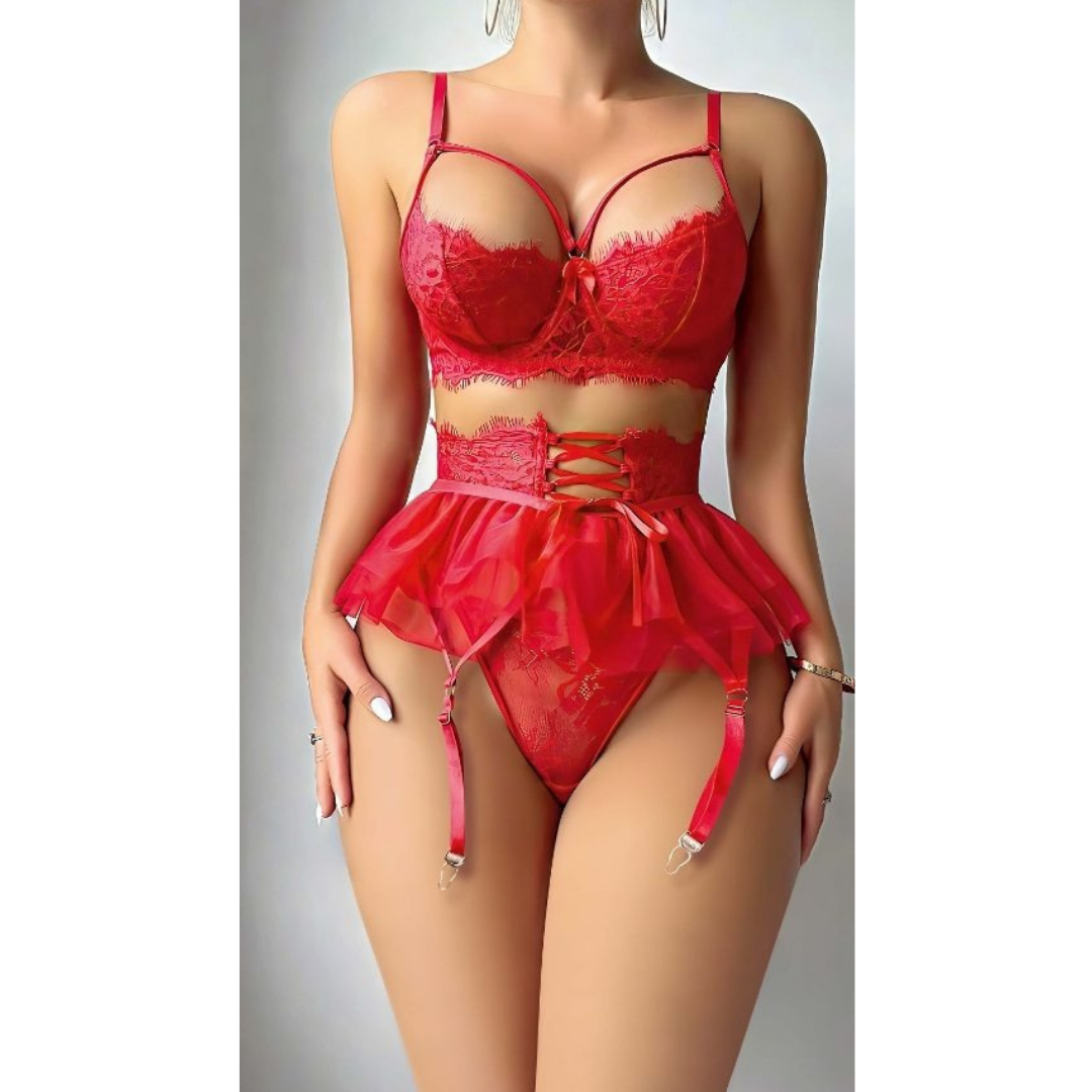 Amorevelle® Kırmızı Dantelli Erotik Jartiyer Takımı