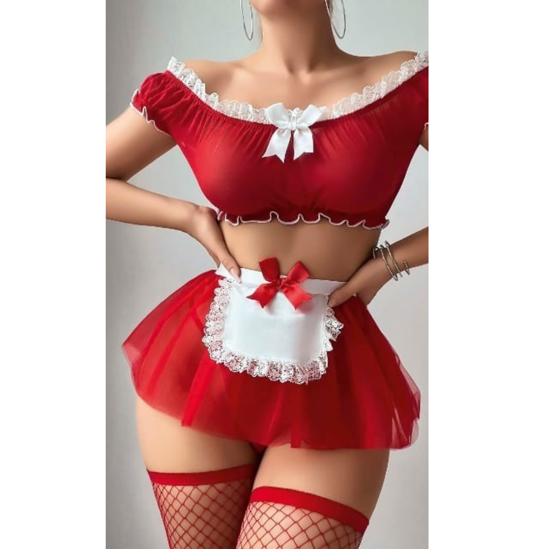 Amorevelle® Büstiyerli Fırfırlı Kırmızı Hizmetçi Kostümü